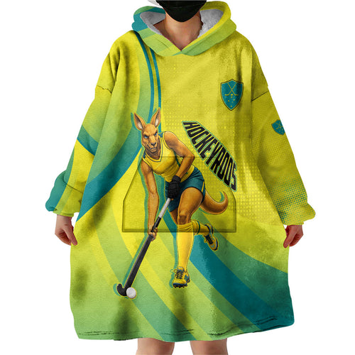 Personalised Hockeyroos Kangaroo Field Hockey Wearable Blanket Hoodie Dynamic Australia Green Gold Athlete Mascot Design