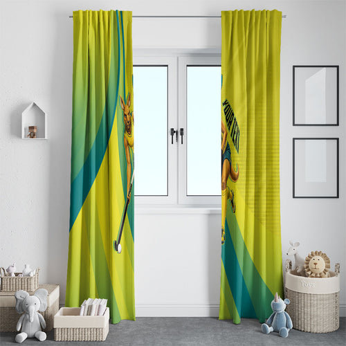 Personalised Hockeyroos Kangaroo Field Hockey Window Curtain Dynamic Australia Green Gold Athlete Mascot Design