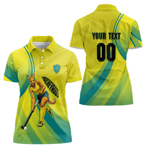 Personalised Hockeyroos Kangaroo Field Hockey Women Polo Shirt Dynamic Australia Green Gold Athlete Mascot Design