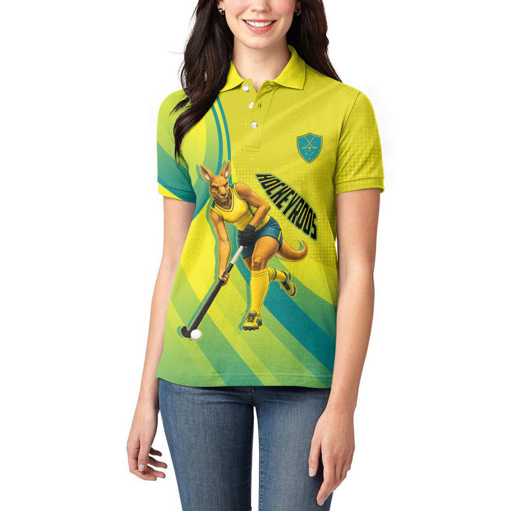 Personalised Hockeyroos Kangaroo Field Hockey Women Polo Shirt Dynamic Australia Green Gold Athlete Mascot Design
