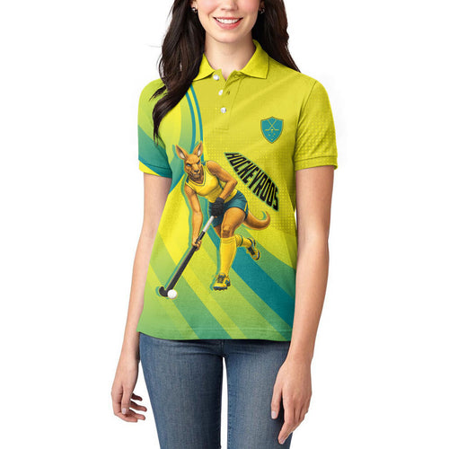 Personalised Hockeyroos Kangaroo Field Hockey Women Polo Shirt Dynamic Australia Green Gold Athlete Mascot Design