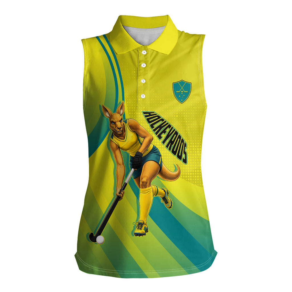 Personalised Hockeyroos Kangaroo Field Hockey Women Sleeveless Polo Shirt Dynamic Australia Green Gold Athlete Mascot Design