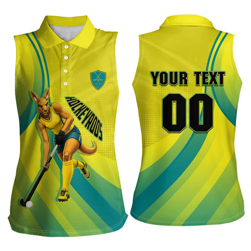 Personalised Hockeyroos Kangaroo Field Hockey Women Sleeveless Polo Shirt Dynamic Australia Green Gold Athlete Mascot Design