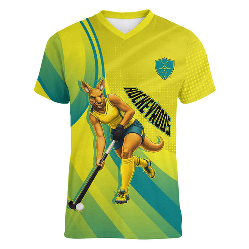 Personalised Hockeyroos Kangaroo Field Hockey Women V-Neck T-Shirt Dynamic Australia Green Gold Athlete Mascot Design