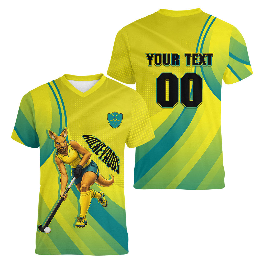 Personalised Hockeyroos Kangaroo Field Hockey Women V-Neck T-Shirt Dynamic Australia Green Gold Athlete Mascot Design
