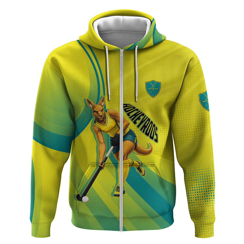 Personalised Hockeyroos Kangaroo Field Hockey Zip Hoodie Dynamic Australia Green Gold Athlete Mascot Design