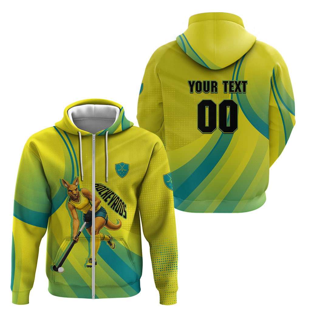 Personalised Hockeyroos Kangaroo Field Hockey Zip Hoodie Dynamic Australia Green Gold Athlete Mascot Design