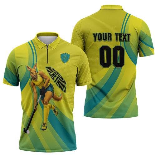 Personalised Hockeyroos Kangaroo Field Hockey Zipper Polo Shirt Dynamic Australia Green Gold Athlete Mascot Design