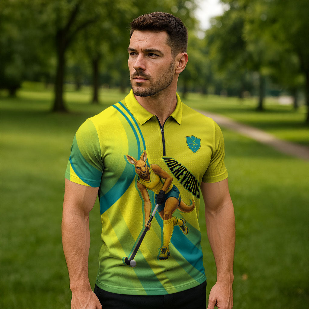 Personalised Hockeyroos Kangaroo Field Hockey Zipper Polo Shirt Dynamic Australia Green Gold Athlete Mascot Design