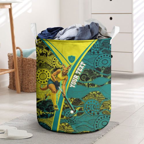 Custom Hockeyroos Kangaroo Field Hockey Laundry Basket Aboriginal Pattern Green Gold Dynamic Athlete Design