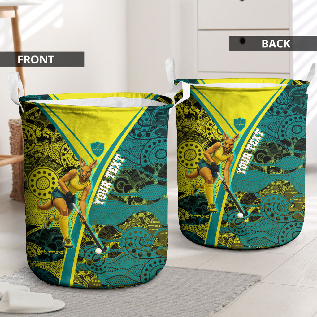 Custom Hockeyroos Kangaroo Field Hockey Laundry Basket Aboriginal Pattern Green Gold Dynamic Athlete Design