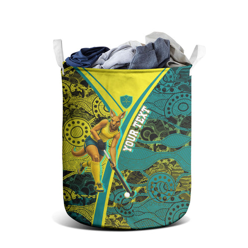 Custom Hockeyroos Kangaroo Field Hockey Laundry Basket Aboriginal Pattern Green Gold Dynamic Athlete Design