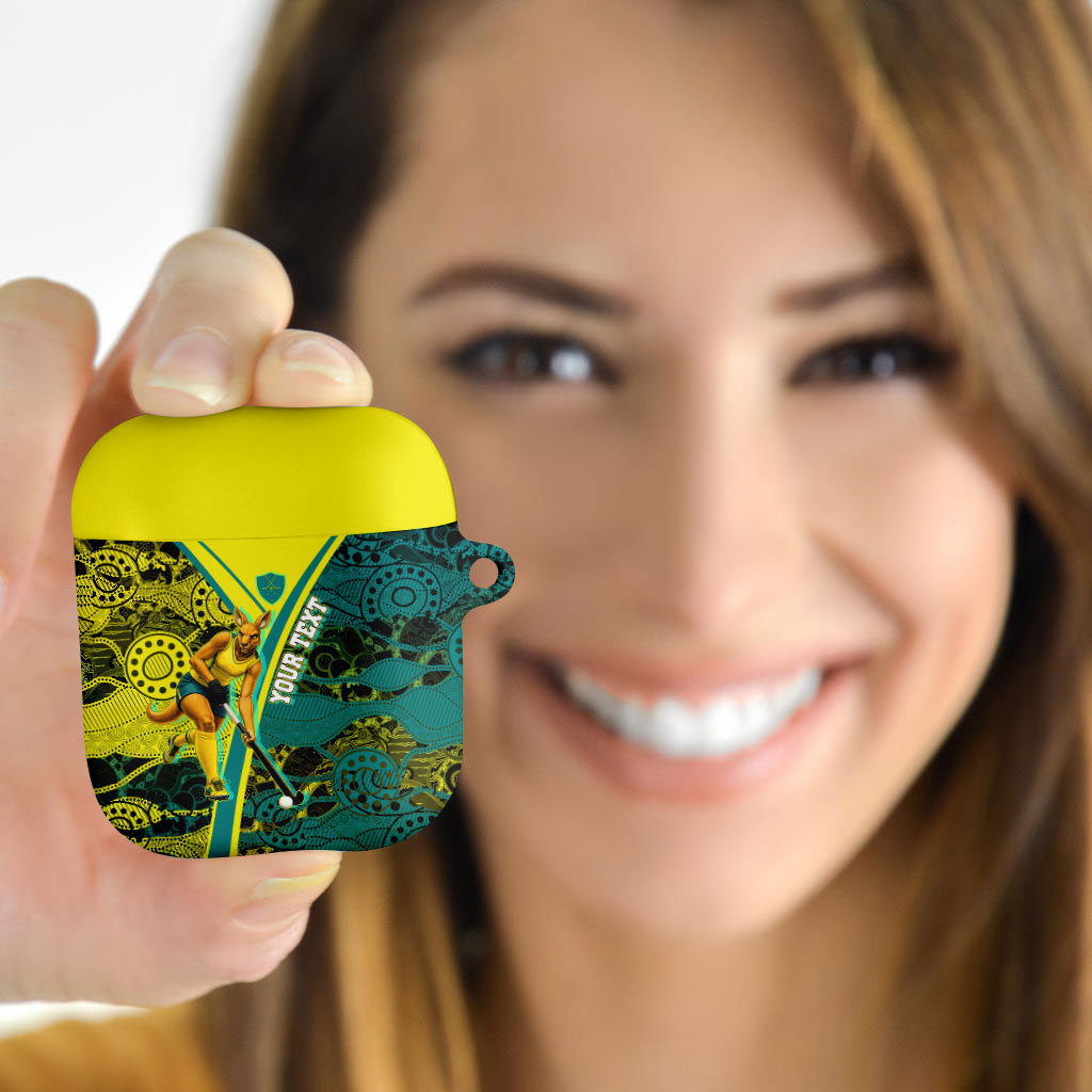 Custom Hockeyroos Kangaroo Field Hockey AirPods Case Aboriginal Pattern Green Gold Dynamic Athlete Design