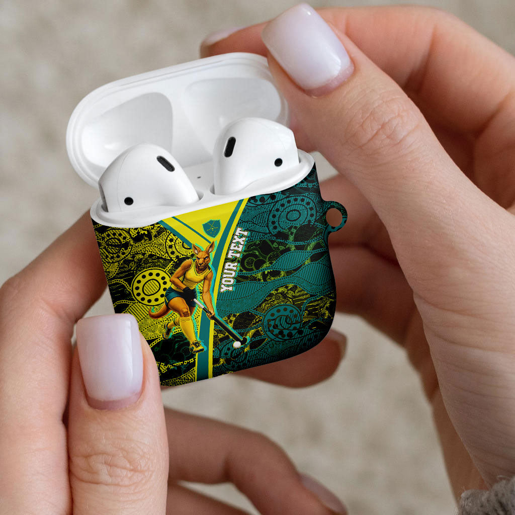 Custom Hockeyroos Kangaroo Field Hockey AirPods Case Aboriginal Pattern Green Gold Dynamic Athlete Design