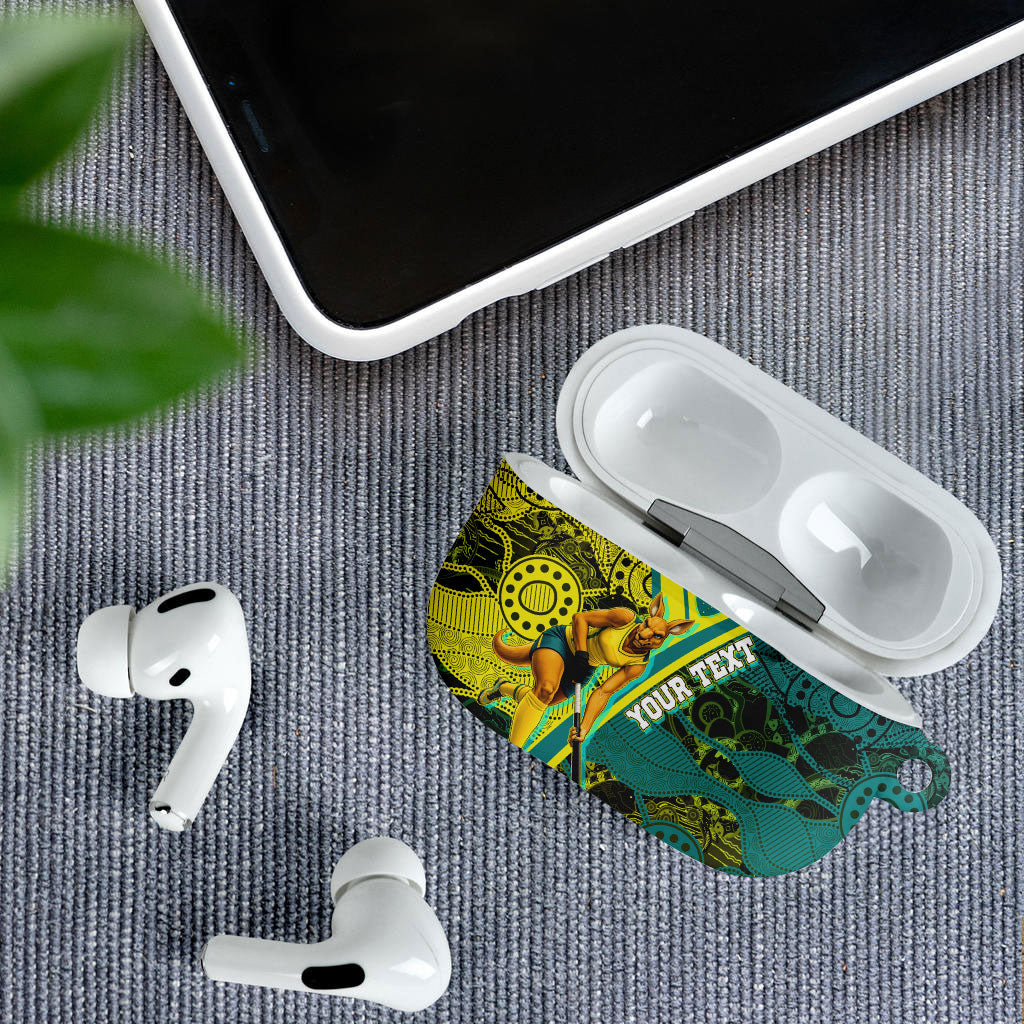 Custom Hockeyroos Kangaroo Field Hockey AirPods Case Aboriginal Pattern Green Gold Dynamic Athlete Design