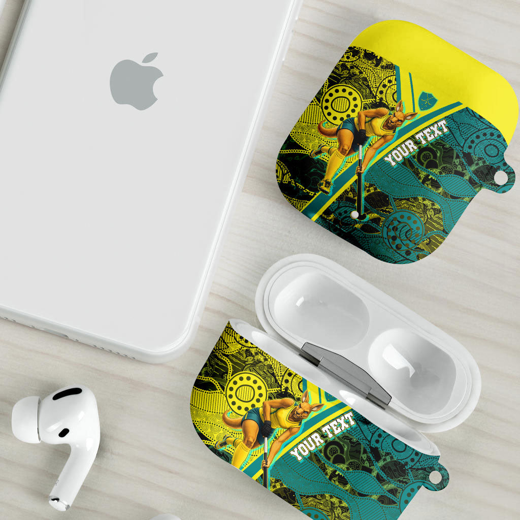Custom Hockeyroos Kangaroo Field Hockey AirPods Case Aboriginal Pattern Green Gold Dynamic Athlete Design