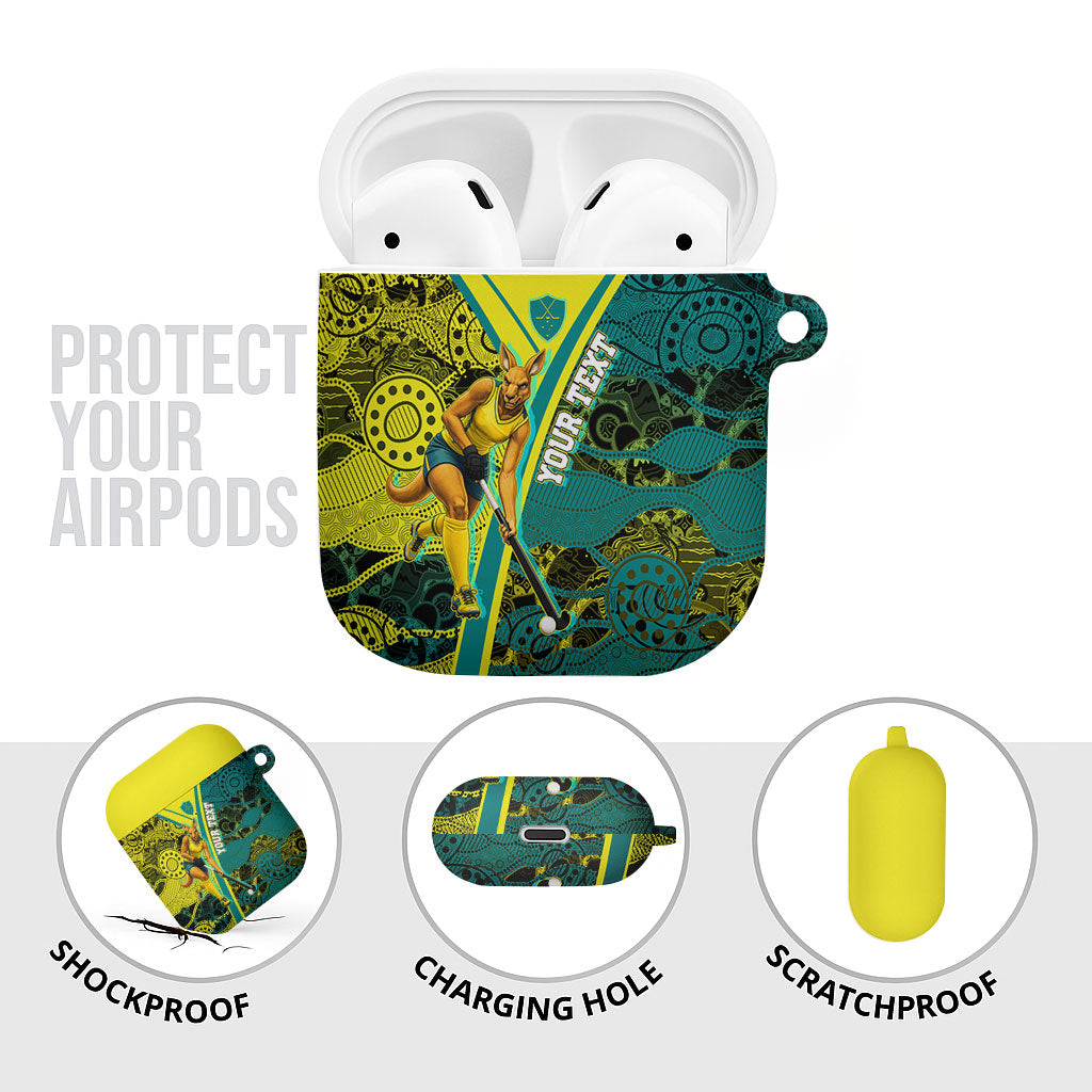 Custom Hockeyroos Kangaroo Field Hockey AirPods Case Aboriginal Pattern Green Gold Dynamic Athlete Design