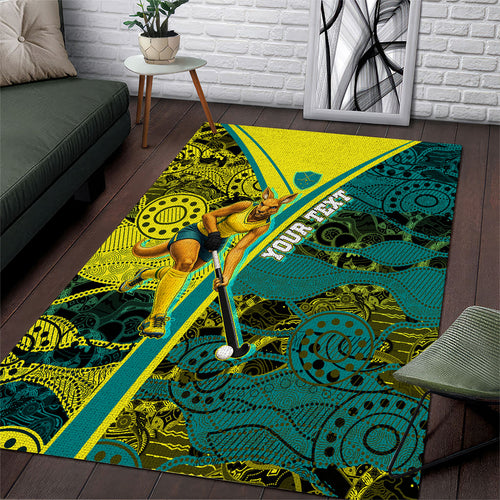 Custom Hockeyroos Kangaroo Field Hockey Area Rug Aboriginal Pattern Green Gold Dynamic Athlete Design
