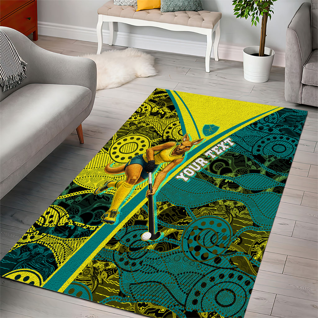 Custom Hockeyroos Kangaroo Field Hockey Area Rug Aboriginal Pattern Green Gold Dynamic Athlete Design