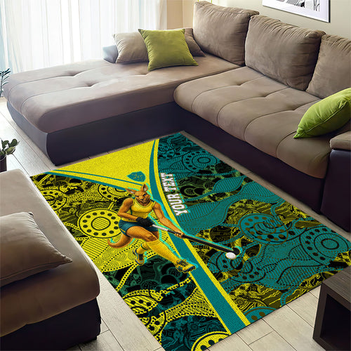 Custom Hockeyroos Kangaroo Field Hockey Area Rug Aboriginal Pattern Green Gold Dynamic Athlete Design