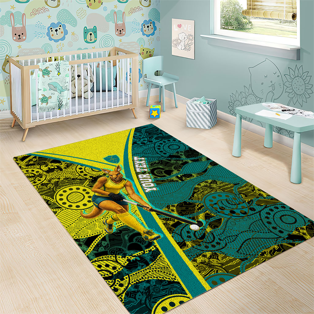 Custom Hockeyroos Kangaroo Field Hockey Area Rug Aboriginal Pattern Green Gold Dynamic Athlete Design