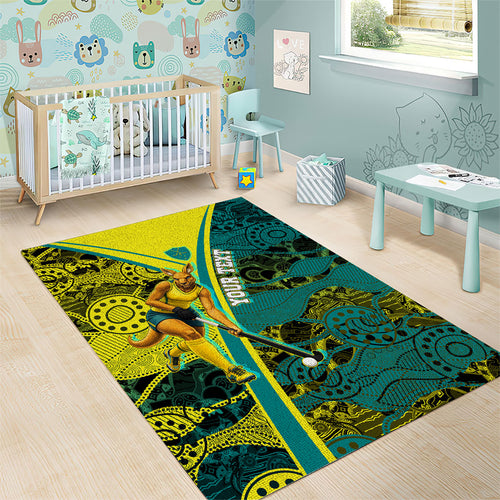 Custom Hockeyroos Kangaroo Field Hockey Area Rug Aboriginal Pattern Green Gold Dynamic Athlete Design