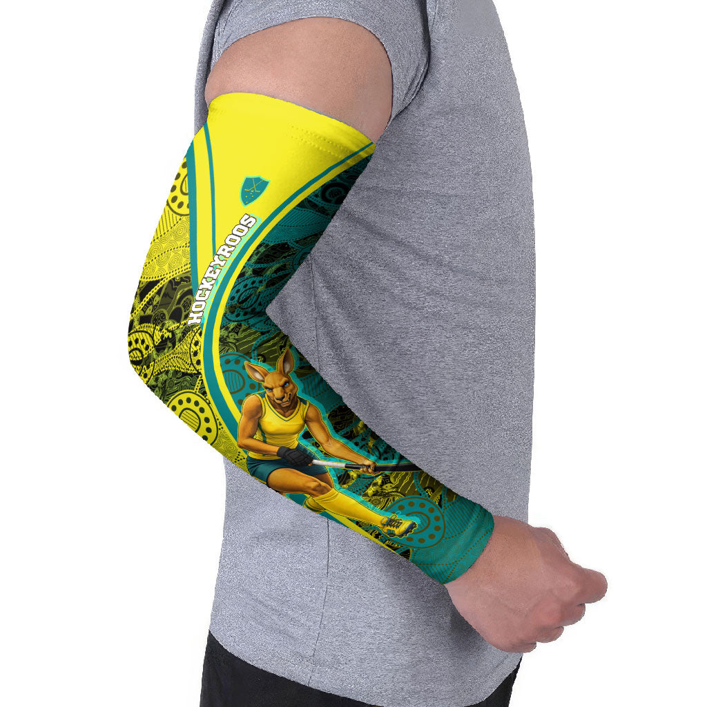 Custom Hockeyroos Kangaroo Field Hockey Arm Sleeves Aboriginal Pattern Green Gold Dynamic Athlete Design