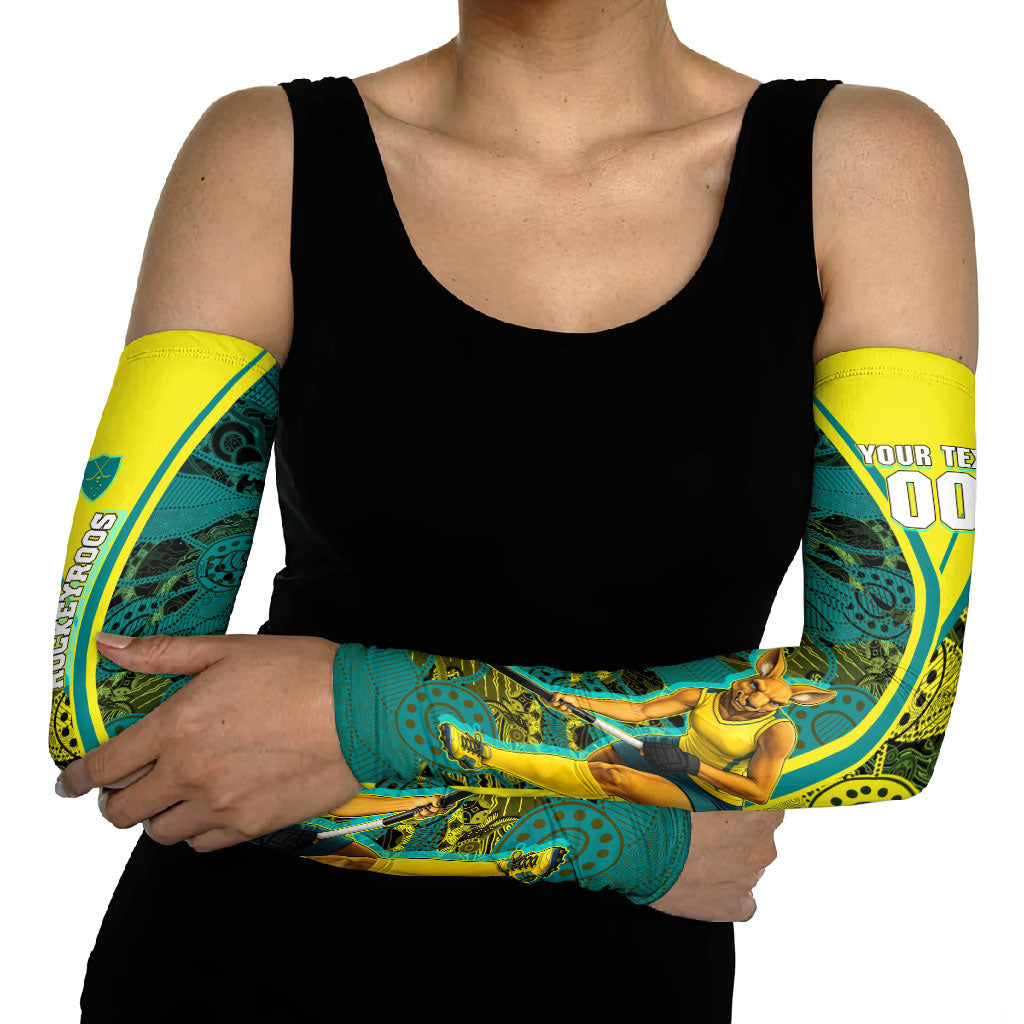 Custom Hockeyroos Kangaroo Field Hockey Arm Sleeves Aboriginal Pattern Green Gold Dynamic Athlete Design