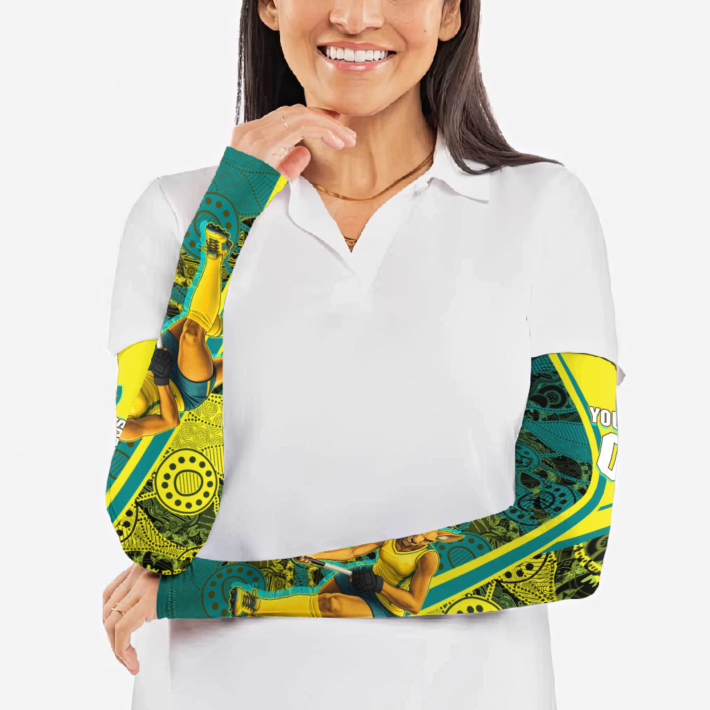Custom Hockeyroos Kangaroo Field Hockey Arm Sleeves Aboriginal Pattern Green Gold Dynamic Athlete Design