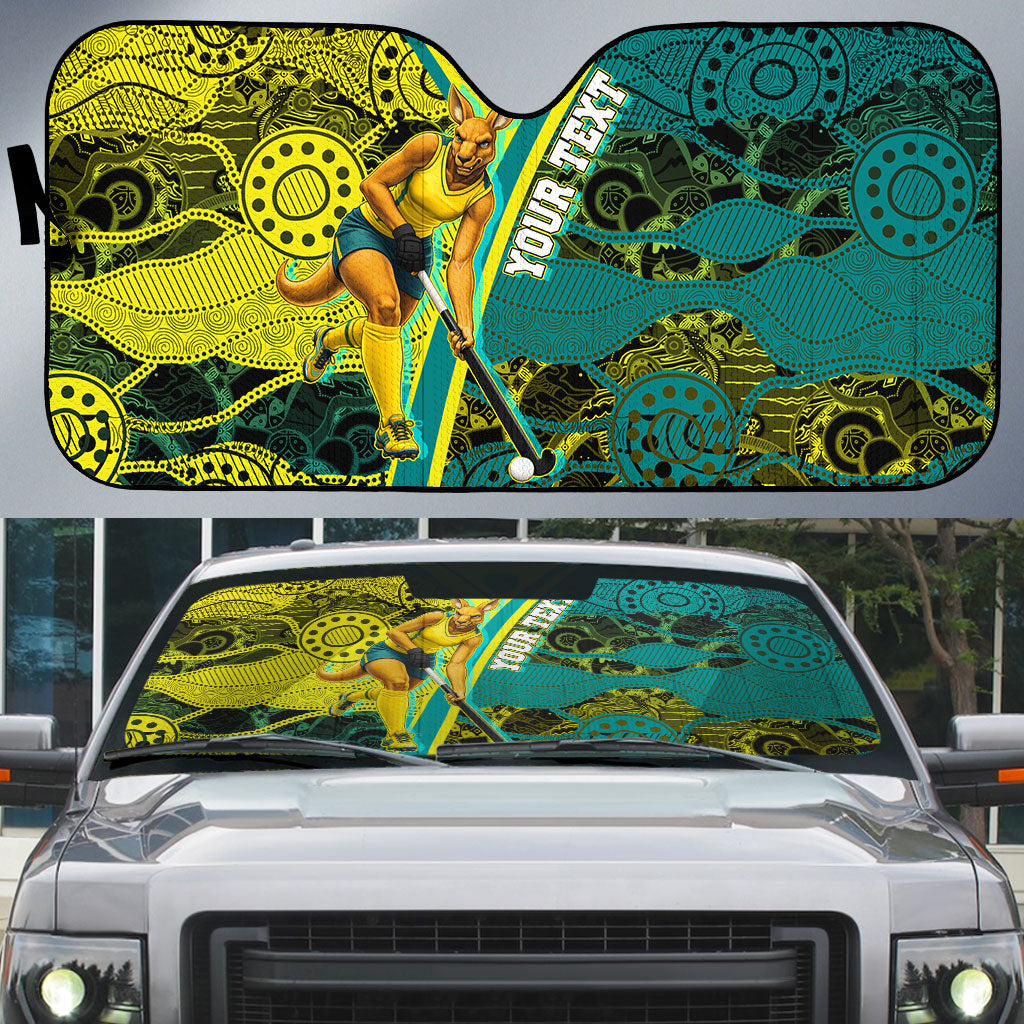 Custom Hockeyroos Kangaroo Field Hockey Auto Sun Shade Aboriginal Pattern Green Gold Dynamic Athlete Design