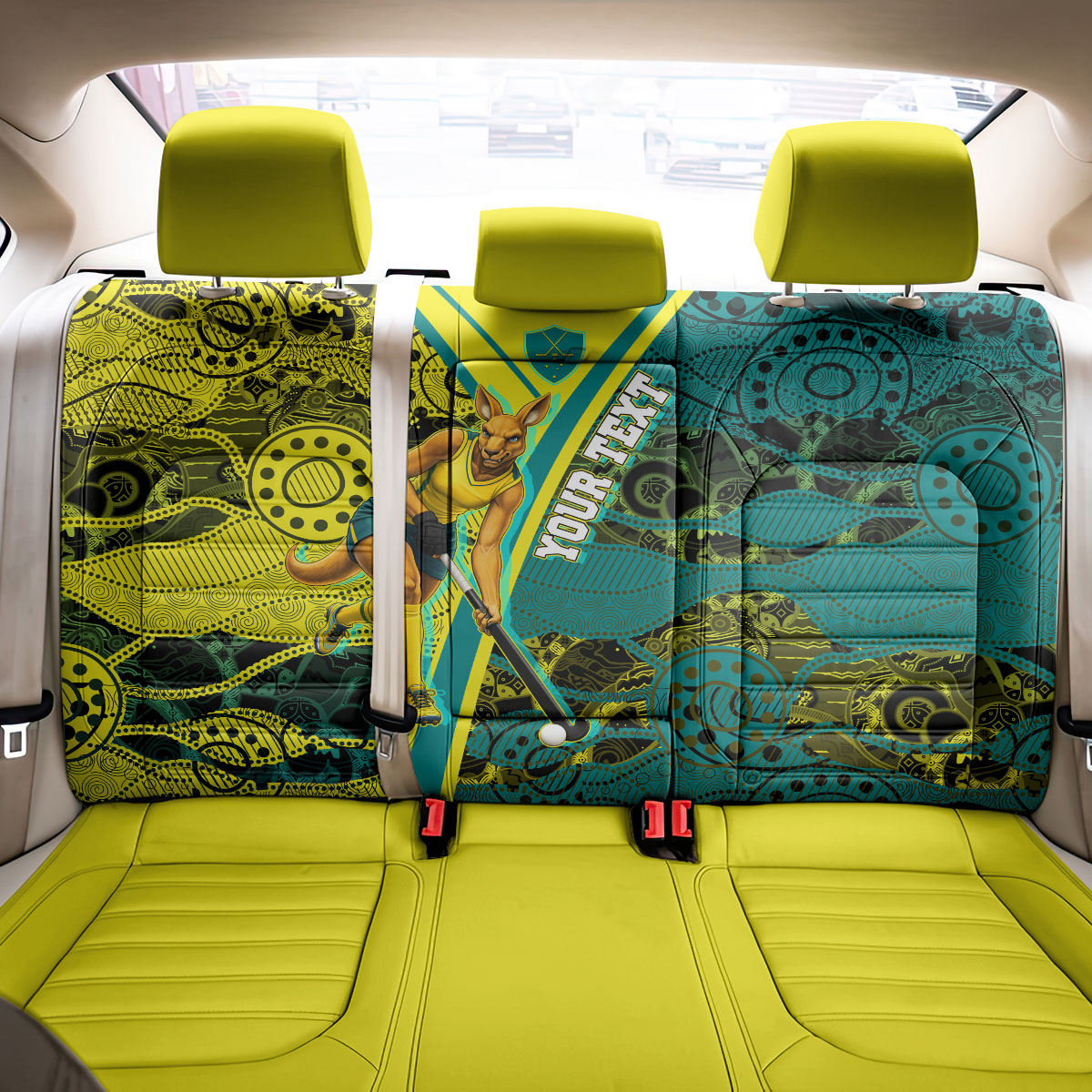Custom Hockeyroos Kangaroo Field Hockey Back Car Seat Cover Aboriginal Pattern Green Gold Dynamic Athlete Design