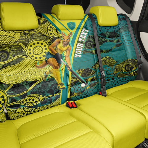Custom Hockeyroos Kangaroo Field Hockey Back Car Seat Cover Aboriginal Pattern Green Gold Dynamic Athlete Design