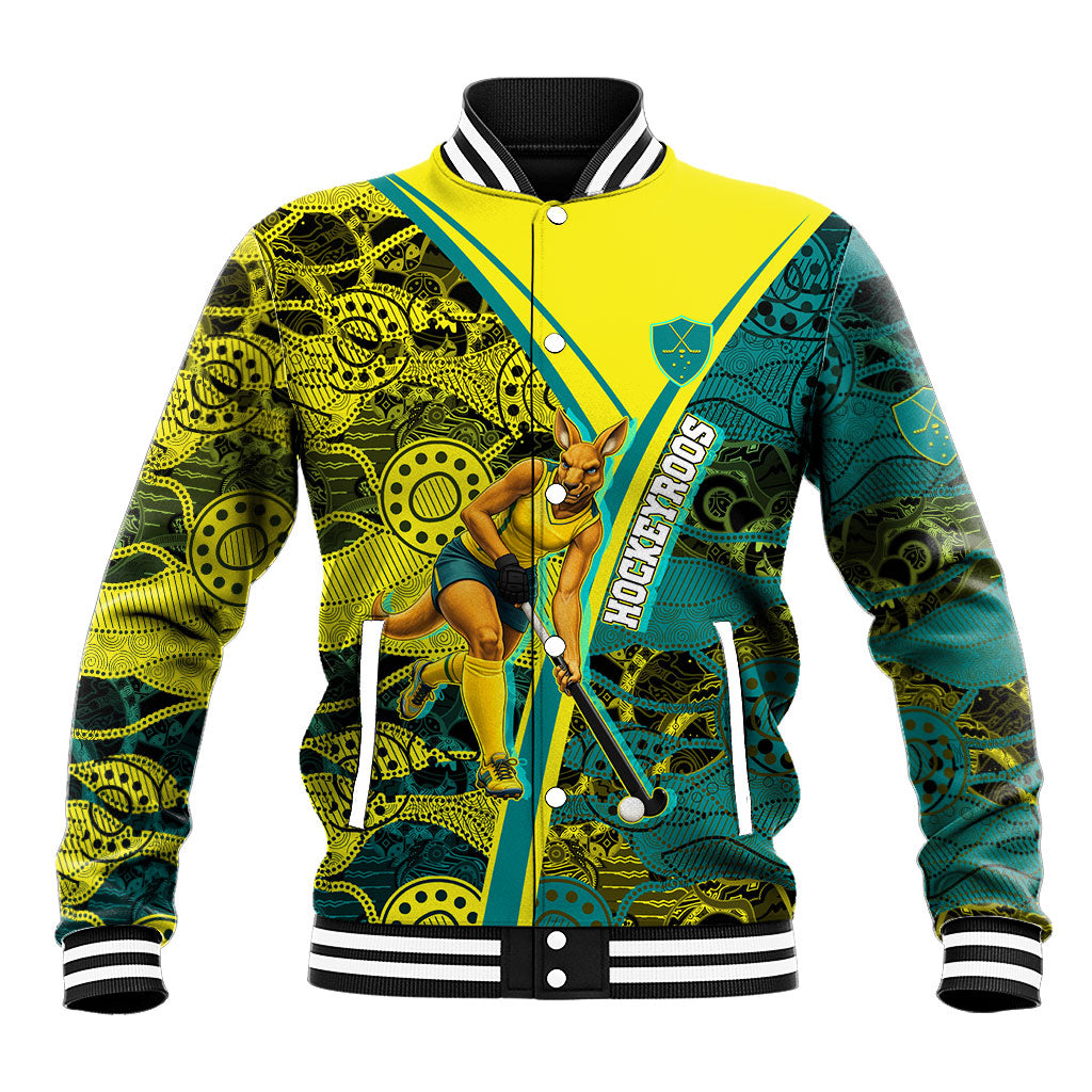 Custom Hockeyroos Kangaroo Field Hockey Baseball Jacket Aboriginal Pattern Green Gold Dynamic Athlete Design