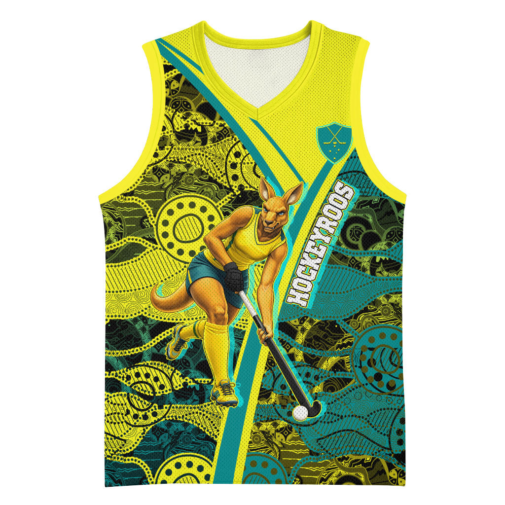 Custom Hockeyroos Kangaroo Field Hockey Basketball Jersey Aboriginal Pattern Green Gold Dynamic Athlete Design