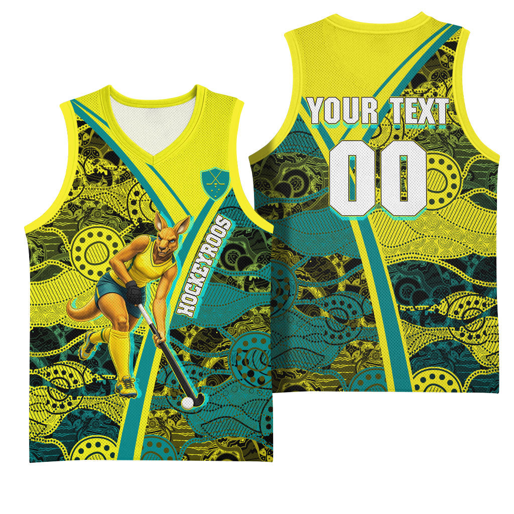 Custom Hockeyroos Kangaroo Field Hockey Basketball Jersey Aboriginal Pattern Green Gold Dynamic Athlete Design