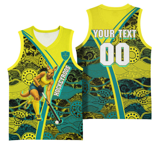 Custom Hockeyroos Kangaroo Field Hockey Basketball Jersey Aboriginal Pattern Green Gold Dynamic Athlete Design