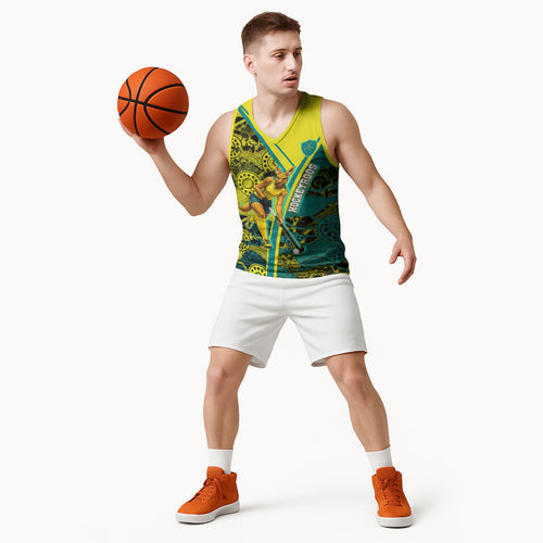 Custom Hockeyroos Kangaroo Field Hockey Basketball Jersey Aboriginal Pattern Green Gold Dynamic Athlete Design