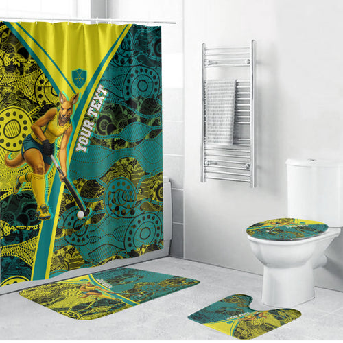 Custom Hockeyroos Kangaroo Field Hockey Bathroom Set Aboriginal Pattern Green Gold Dynamic Athlete Design