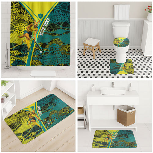 Custom Hockeyroos Kangaroo Field Hockey Bathroom Set Aboriginal Pattern Green Gold Dynamic Athlete Design
