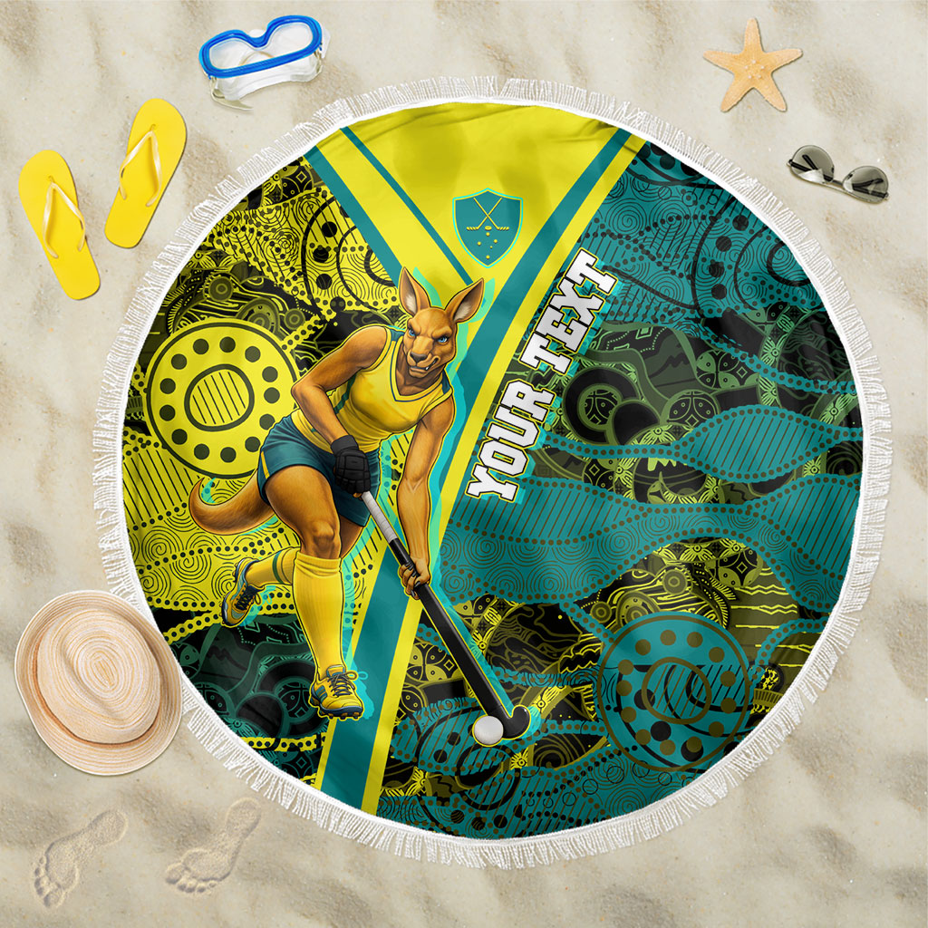 Custom Hockeyroos Kangaroo Field Hockey Beach Blanket Aboriginal Pattern Green Gold Dynamic Athlete Design