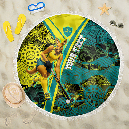 Custom Hockeyroos Kangaroo Field Hockey Beach Blanket Aboriginal Pattern Green Gold Dynamic Athlete Design