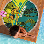 Custom Hockeyroos Kangaroo Field Hockey Beach Blanket Aboriginal Pattern Green Gold Dynamic Athlete Design