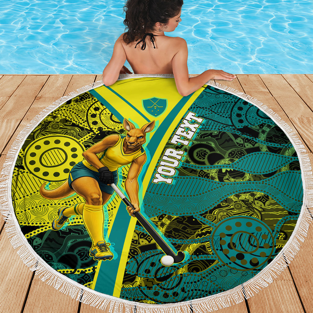 Custom Hockeyroos Kangaroo Field Hockey Beach Blanket Aboriginal Pattern Green Gold Dynamic Athlete Design