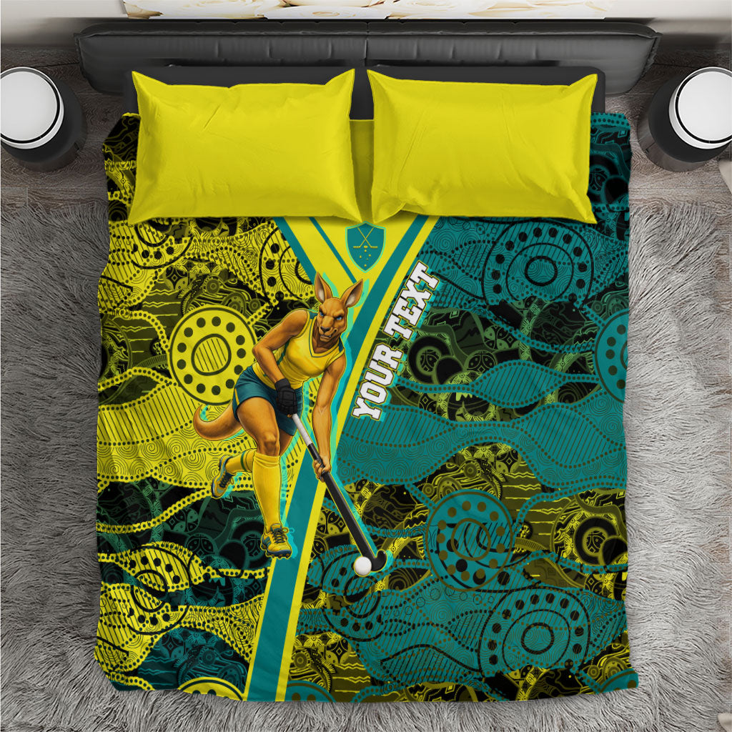 Custom Hockeyroos Kangaroo Field Hockey Bedding Set Aboriginal Pattern Green Gold Dynamic Athlete Design