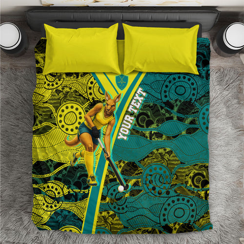 Custom Hockeyroos Kangaroo Field Hockey Bedding Set Aboriginal Pattern Green Gold Dynamic Athlete Design