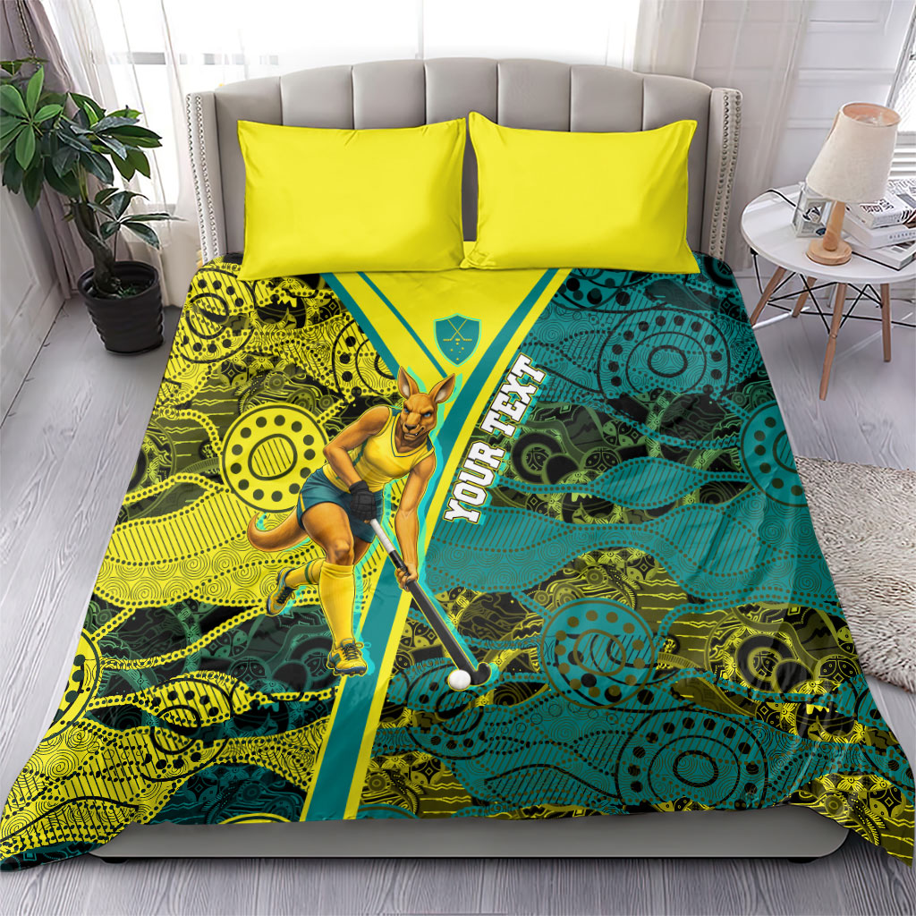Custom Hockeyroos Kangaroo Field Hockey Bedding Set Aboriginal Pattern Green Gold Dynamic Athlete Design