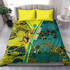 Custom Hockeyroos Kangaroo Field Hockey Bedding Set Aboriginal Pattern Green Gold Dynamic Athlete Design
