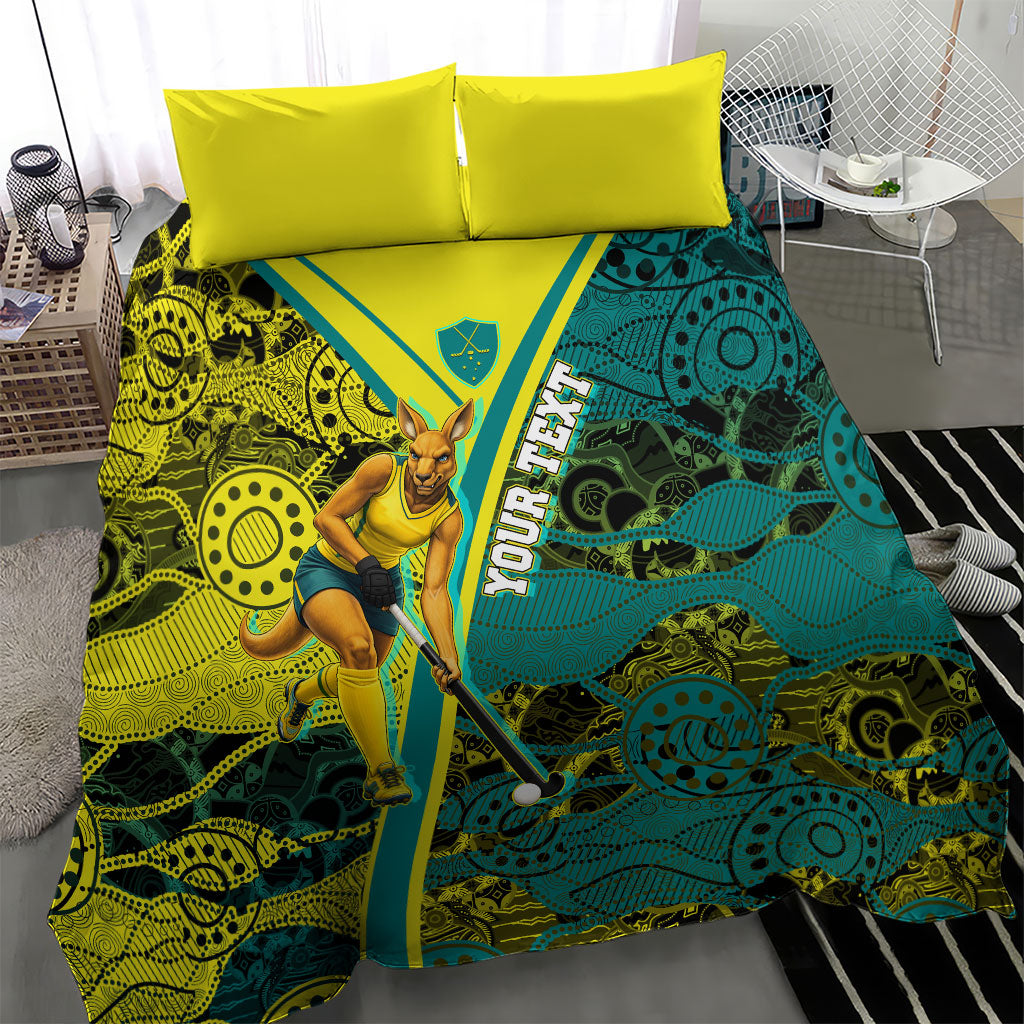 Custom Hockeyroos Kangaroo Field Hockey Bedding Set Aboriginal Pattern Green Gold Dynamic Athlete Design