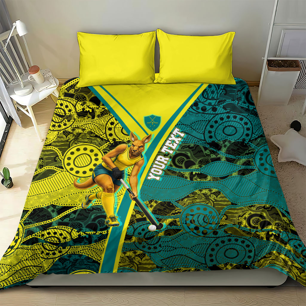 Custom Hockeyroos Kangaroo Field Hockey Bedding Set Aboriginal Pattern Green Gold Dynamic Athlete Design