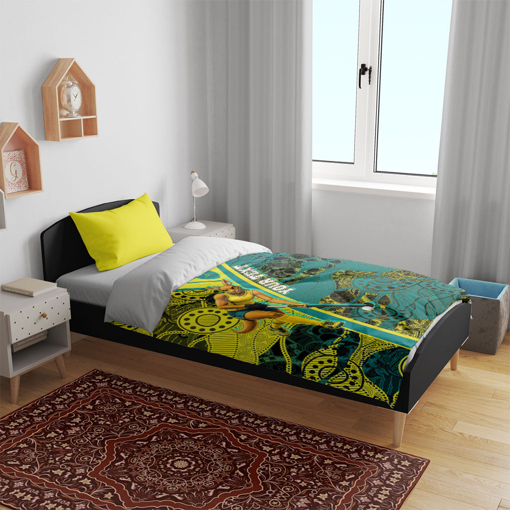 Custom Hockeyroos Kangaroo Field Hockey Bedding Set Aboriginal Pattern Green Gold Dynamic Athlete Design